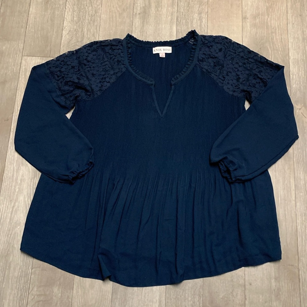 Knox Rose Navy Blue Lace Shoulder Long Sleeve Top